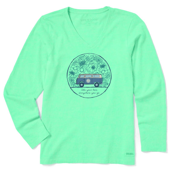Life is Good Women's Love Bus Long Sleeve Crusher Vee, Spearmint Green